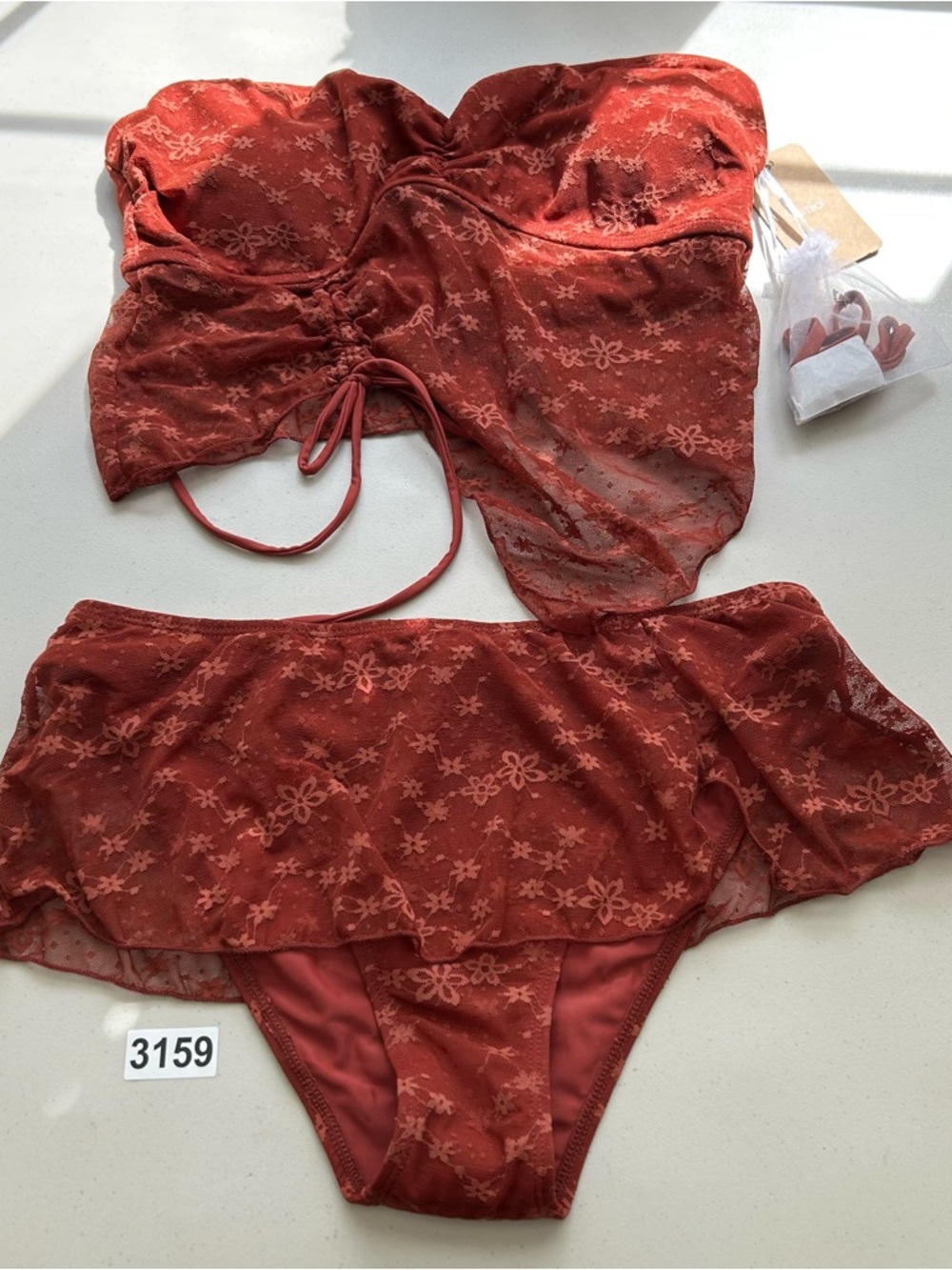 Samiol Red Floral Lace Irregular Hem Tankini Bikini Set Size XL
